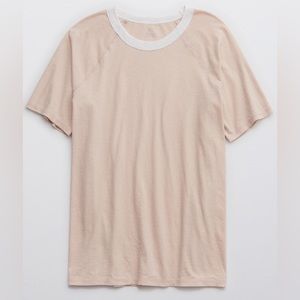 Aerie Distressed Pink & White Raglan Boyfriend Tee